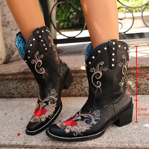 Detail of hand-embroidered Western cowboy boots showing 21cm shaft and 5.4cm heel height