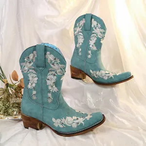 Detail von türkisfarbenen Westernstiefeln mit eleganten weißen Blumenstickereien