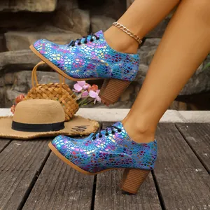 Stylish colorful metallic textured chunky heel pumps with lace-up round toe for women.