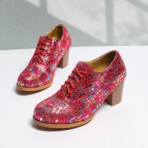 Stylish red iridescent block heel shoes with front lace-up design and round toe for women