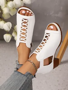 Elegant white cutout mid-heel peep-toe Roman sandals featuring a stylish back zipper detail.