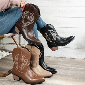 Bottes de Cowboy Western Vintage pour Femmes Brodées Mi-Mollet Coupe en V Talon Bloc Cuir Synthétique Bottes Martin