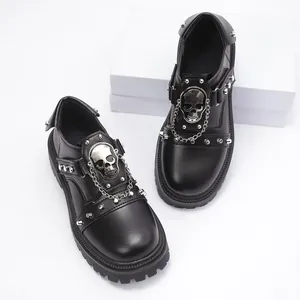 Punk gothic black leather platform loafers with silver skull rivets and chain detail