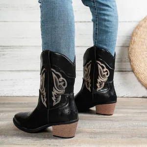 Vue détaillée de bottes de cowboy noires brodées pour femmes avec talons blocs et col en V.