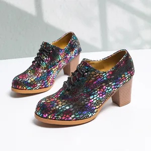 Stylish colorful dot pattern chunky heel pumps with front lace-up design and round toe