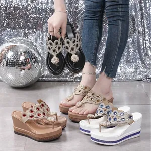 Chancletas de Cuña con Diamantes de Imitación para Mujer Sandalias de Plataforma de Gamuza con Adornos de Perlas Artificiales Zapatillas de Verano