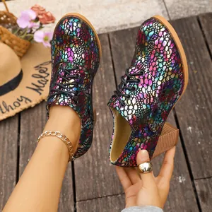 Detailed view of colorful metallic patterned chunky heel oxford shoes for women