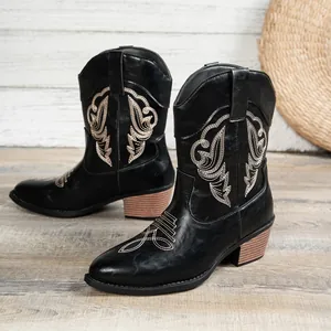 Détail de bottes de cowboy noires avec broderie blanche et talon bloc empilé pour femme.