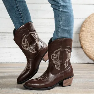 Primer plano de botas cowboy marrones con bordados blancos y tacón bloque retro
