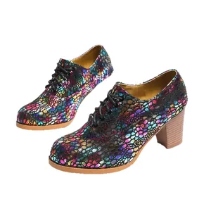 Fashionable colorful iridescent pebble textured chunky heel lace-up oxford shoes for women