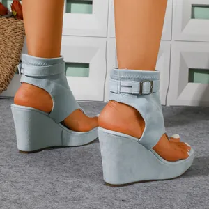 Detaillierte Seitenansicht hellblauer Plateau-Keilsandalen mit Schnallenverschluss