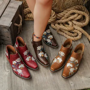Detailed view of Western square-toe boots with vibrant floral embroidery in multiple colors.