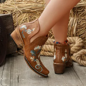 Western style brown embroidered square toe ankle boots with floral patterns and chunky heels