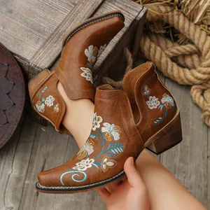 Detailed view of brown vintage Western boots featuring intricate floral embroidery.