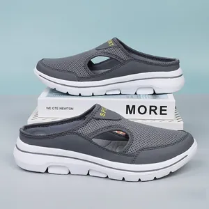Breathable gray mesh slip-on clogs with comfortable thick white soles