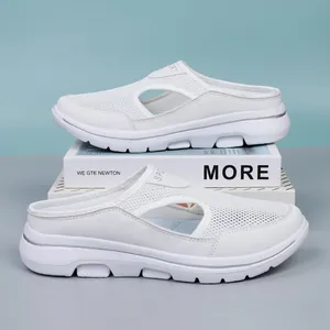 Detailed close-up view of breathable white mesh slip-on mules with thick cushioned soles.