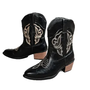 Bottes de cowboy noires brodées pour femmes avec talons épais et col en V rétro