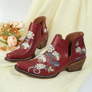 Detail of vintage red Western boots with floral embroidery, square toe, and chunky heel design.