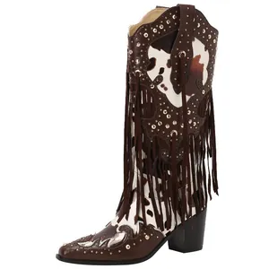 Western retro cowboy boots featuring cow print pattern and stylish long fringe details