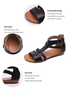 Detailansicht bequemer flacher Römersandalen für Damen mit geflochtenen Riemen und Reißverschluss.
