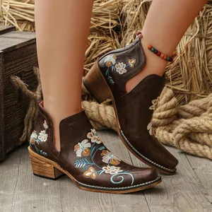 Close-up detail of vintage western ankle boots with floral embroidery and side V-cutout