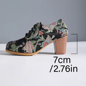 Close-up of vintage floral embroidered satin high heels with a 7cm chunky heel