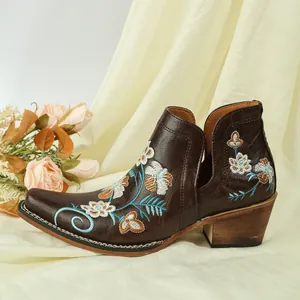 Detailed side view of women's dark brown western ankle boots with floral embroidery