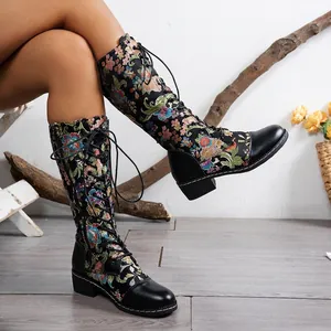 Detailaufnahme der aufwendigen Blumenstickerei auf diesen Schnürstiefeln für Damen