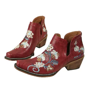 Vintage red western ankle boots with floral embroidery and chunky heels for women