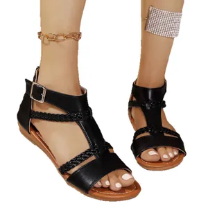 Sandales romaines noires à brides tressées et fermeture éclair arrière pour un confort d'été