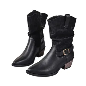 Elegant black Western cowboy boots for women featuring a mid-heel and buckle detail