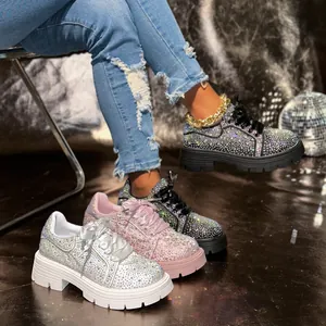 Women Luxury Rhinestone Platform Sneakers Fashion Bling Sparkly Thick Sole Casual Shoes Breathable Lace-up Platform Single Shoes