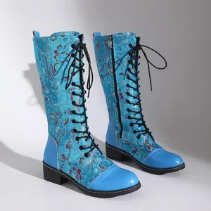 Elegante blaue Vintage-Ritterstiefel mit Blumenstickerei, Schnürung und runder Kappe