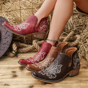 Women Vintage Western Cowboy Ankle Boots Floral Embroidered Pointed Toe V-Cut Chunky Heel Synthetic Leather Martin Boots