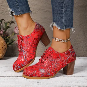 Elegant red vintage satin embroidered lace-up ankle boots with stylish chunky high heels