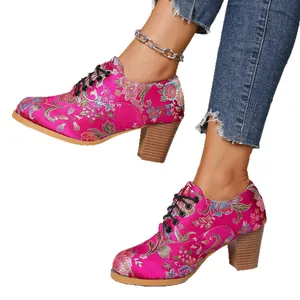 Elegant retro pink satin floral embroidered lace-up short boots with chunky high heels