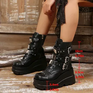 Detail view of black gothic platform boots with specific heel and shaft height measurements