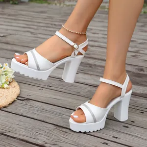 Elegant white platform summer sandals with rhinestone strap and chunky heel for women
