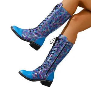 Blaue hohe Schnürstiefel mit holografischem Schuppenmuster und Blockabsatz für Damen