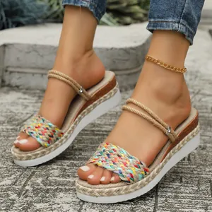 Detail of colorful braided hemp rope wedge sandals with lightweight platform soles