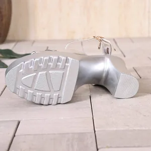 Detail view of silver platform sandal showing the thick lug sole and sturdy block heel.