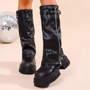 Schwarze Kniehohe Stiefel im Wasteland-Stil mit klobiger Profilsohle und Reißverschluss