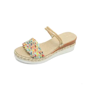 Colorful rainbow braided hemp rope platform sandals for women, stylish summer slippers.