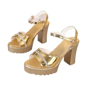 Gold platform sandals with rhinestones, chunky high heels and ankle strap for women