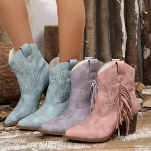 Pointed toe Western cowboy ankle boots featuring fringe tassels and embroidery in pastel colors