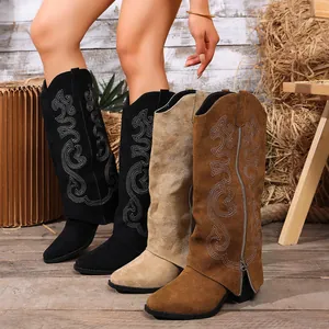 Stylish embroidered pointed toe slouchy knee high knight boots with chunky heels for women