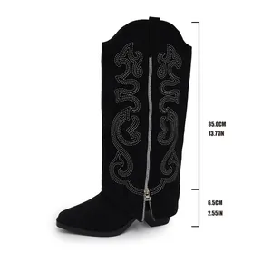 Classic black embroidered knee-high western boots featuring 6.5cm chunky heel and pointed toe