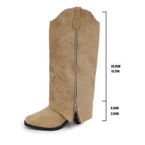 Elegant khaki suede slouchy tall boots featuring chic embroidery and a sturdy 6.5cm block heel