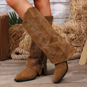 Detailed view of brown suede western boots with white embroidery and pointed toe