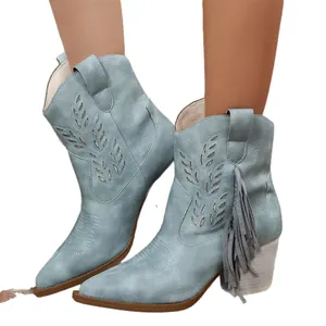 Light blue western cowboy boots with pointed toe chunky heel and stylish fringe tassels